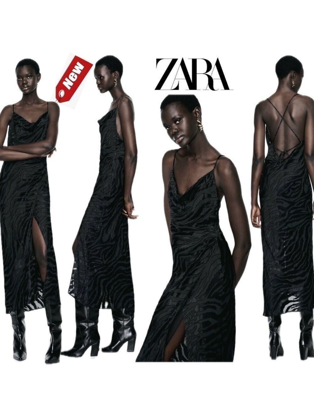 Zara black zebra animal jacquard satin effect midi slip dress Sz M NWT